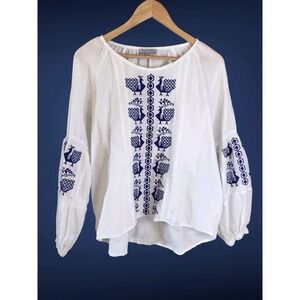 World Market Blue White Peacock Boho Embroidered Peasant Blouse Top Sz L/XL